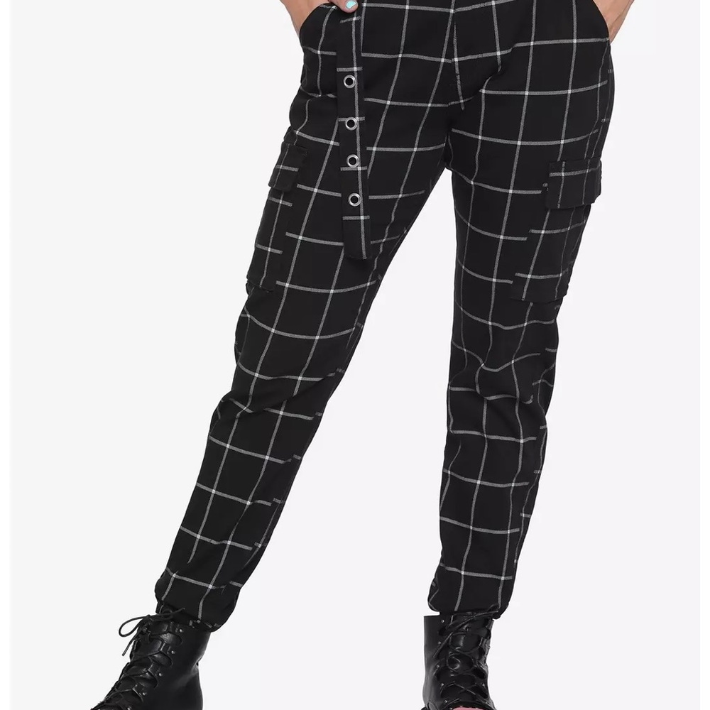 Black and white cargo jogger pants from HOT TOPIC